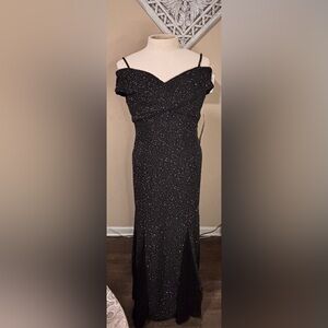 NWT R&M Richards Elegant Off-Shoulder Black Glitter Formal Prom Dress -Size 16